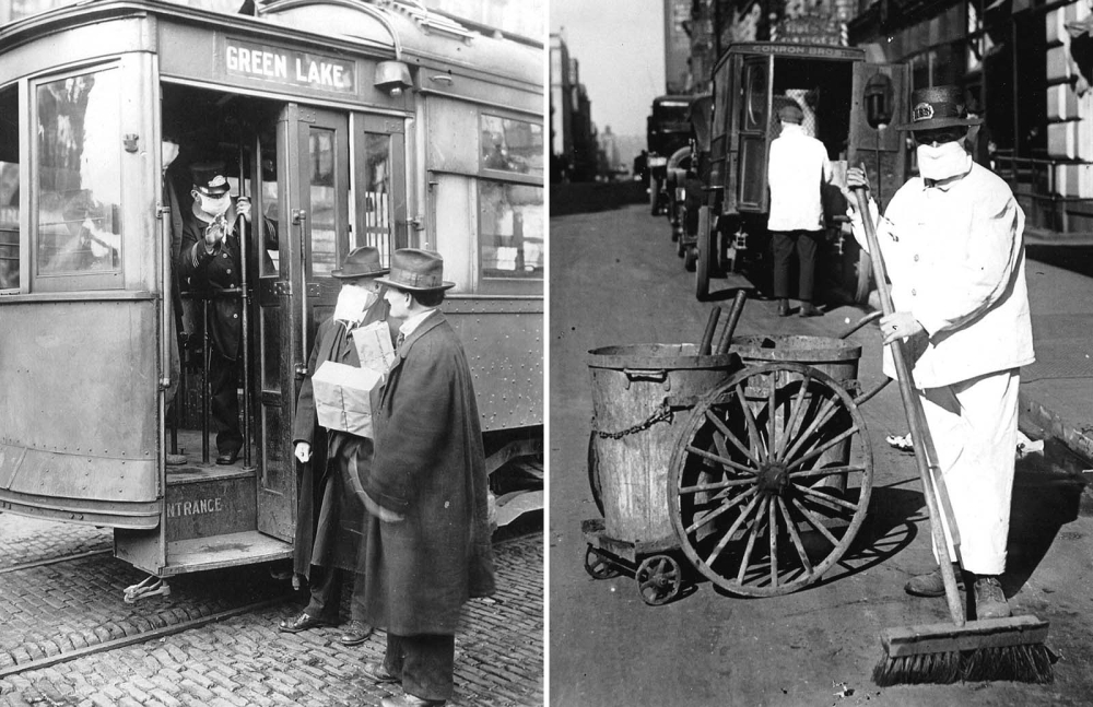 Unui călător i se interzice accesul în tramvai deoarece nu poartă mască de protecţie (Seattle, Washinghton, SUA); În dreapta, un muncitor de la salubritate în timpul epidemiei (New York, SUA)